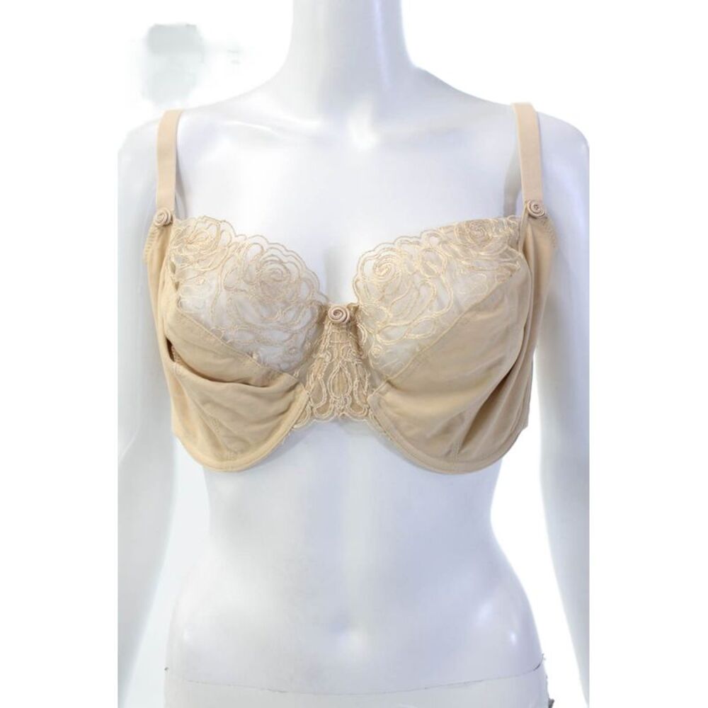 Panache Womens Sheer Embroidered Panel Rose Accent Underwire Bra Beige Size 40E